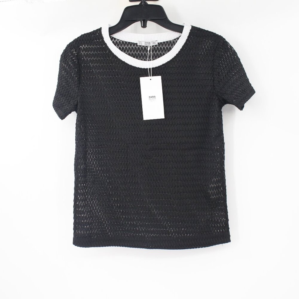 NWT zara top Womens small Sheer knit crochet short sleeve blouse crew neck black